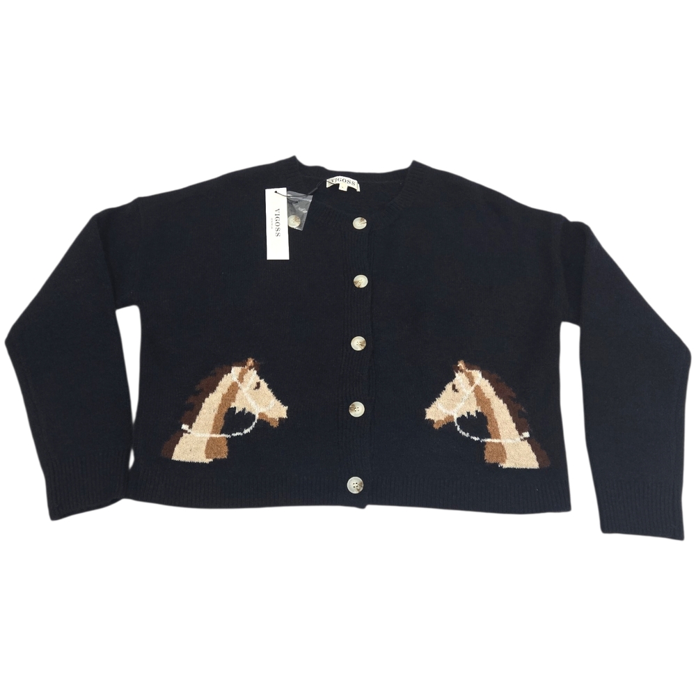 VIGOSS Horse Cardigan Sweater Women L Navy Blue Knit Button Up Cropped NWT - Picture 6 of 11